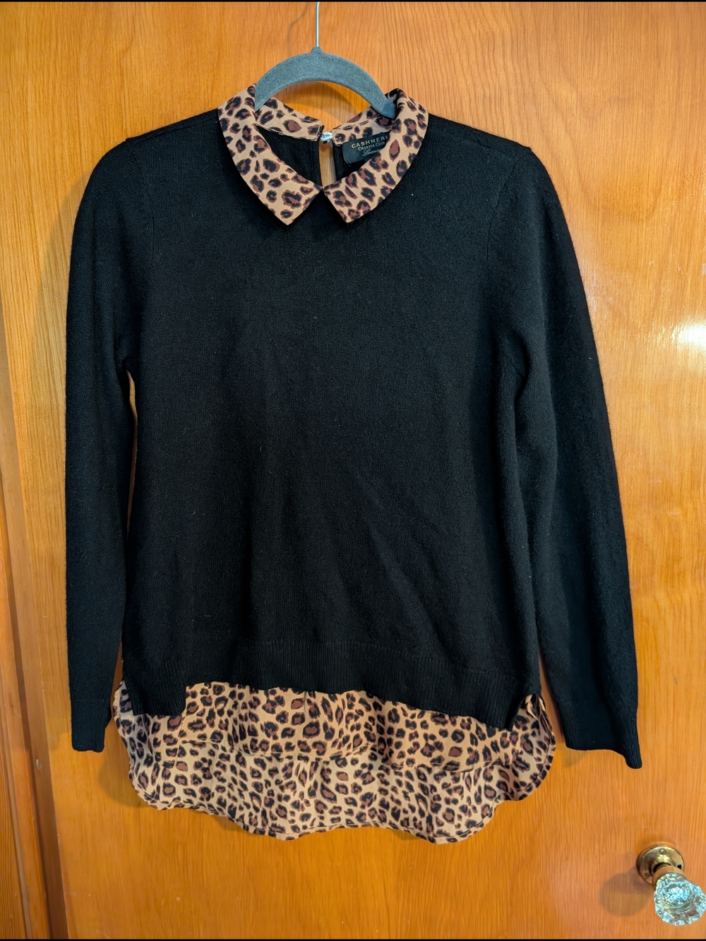 Charter Club Black Sweater with Leopard-Print Collar & Hem